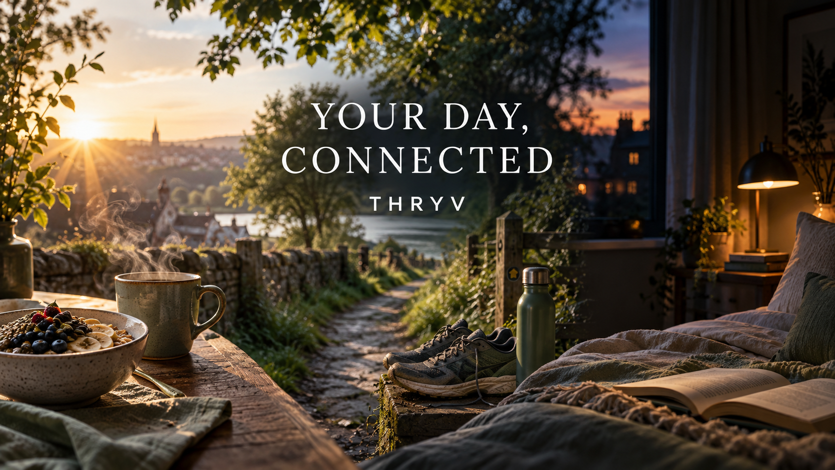 Sunrise breakfast, trainers beside a leafy path and a quiet evening room, with the words Your day, connected.